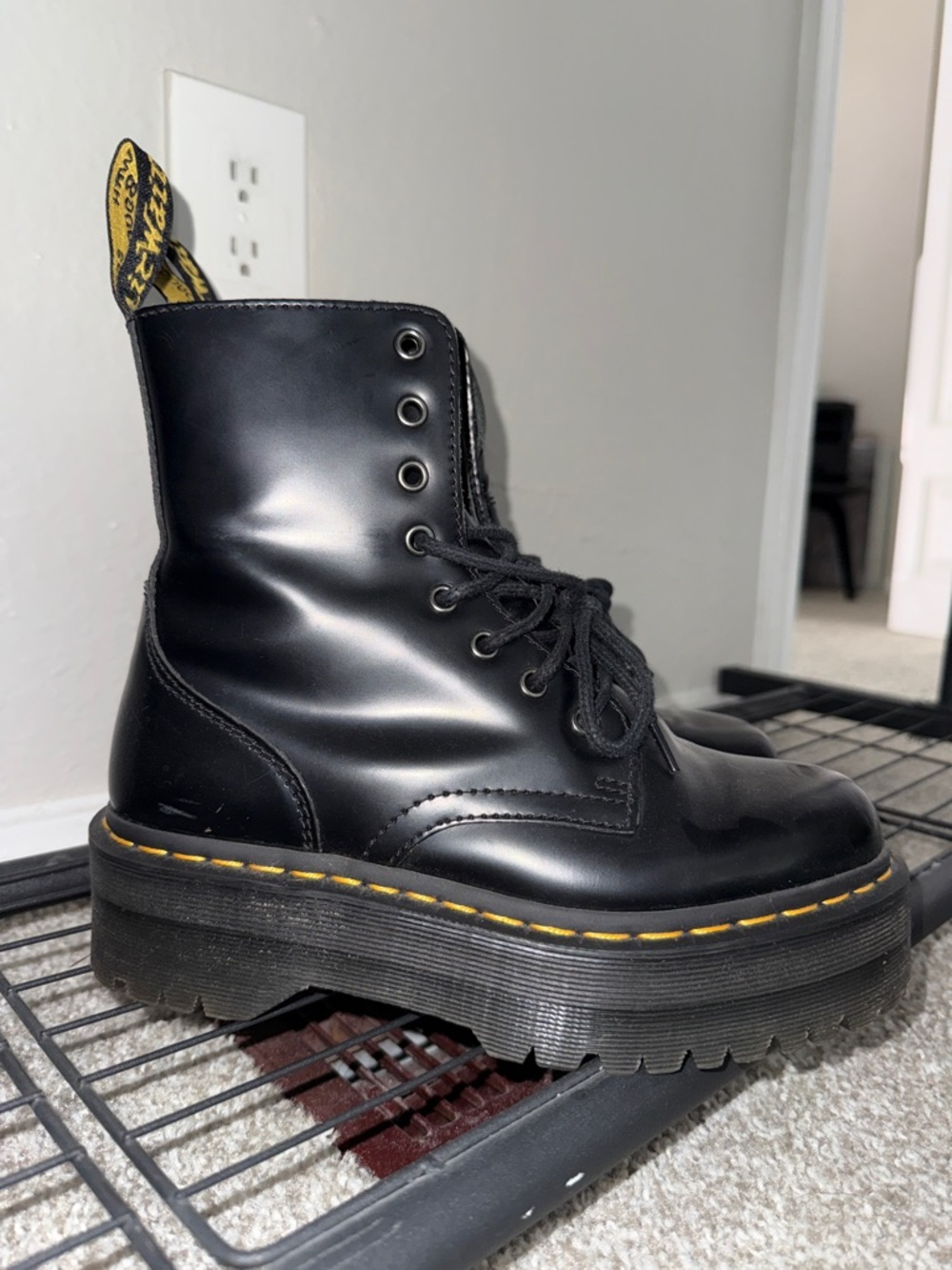 Dr. Martens Black Leather Boots with Yellow Stitching